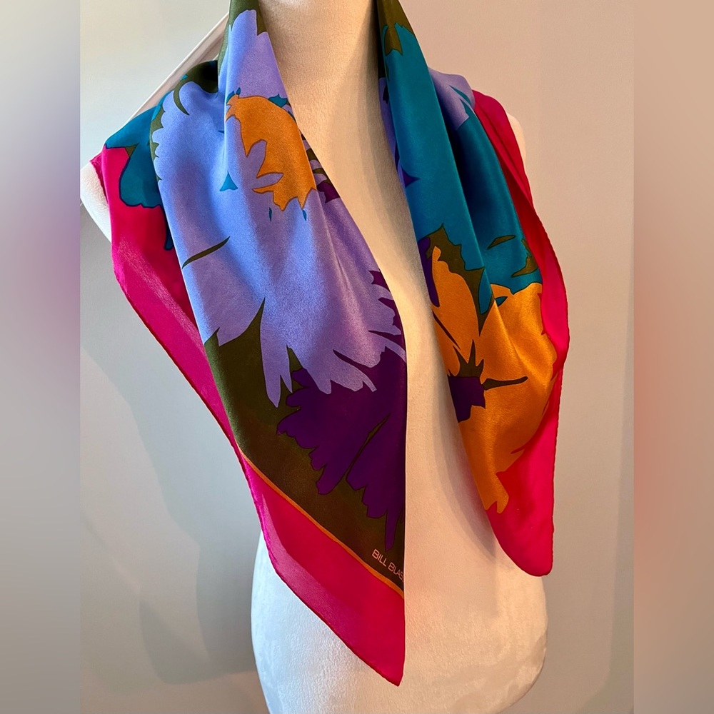BILL BLASS For Barr & Beards Silk Scarf Vintage 70s Abstract Floral Square 30x30